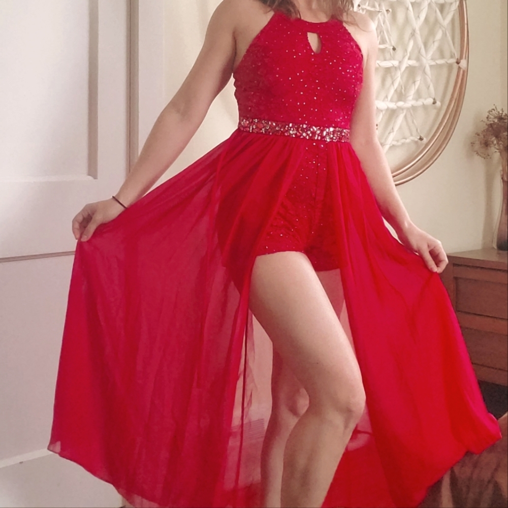 Red Dance Romper with Sheer Skirt